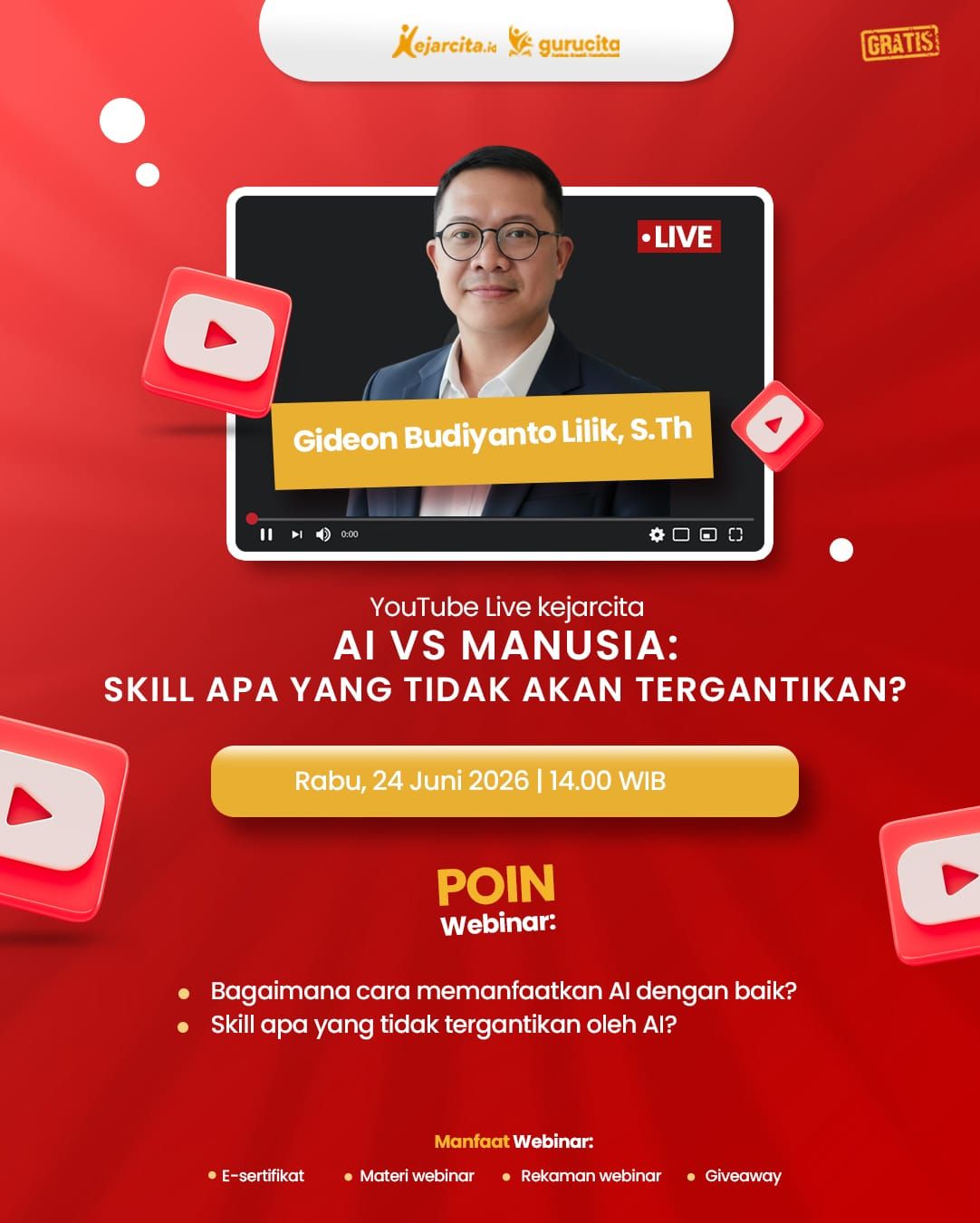 YT Live kejarcita: Topik: "AI vs Manusia: Skill Apa yang Tidak Akan Tergantikan?"Narasumber: Gideon Budiyanto Lilik, S.Th